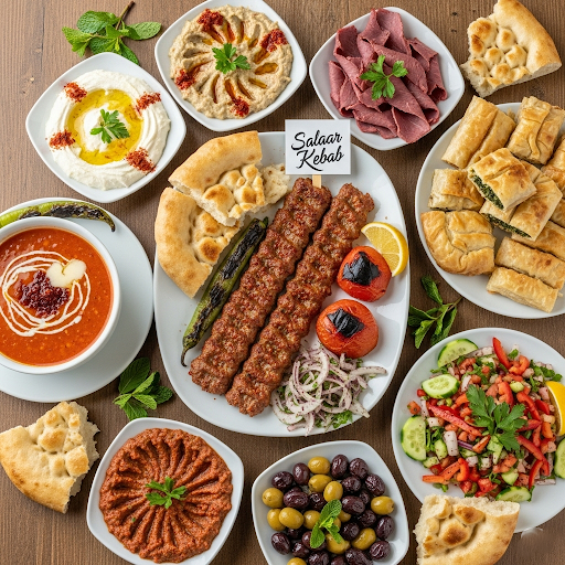 Kebab-Teller, Fladenbrot, Salate und Mezze von Salaar Kebab